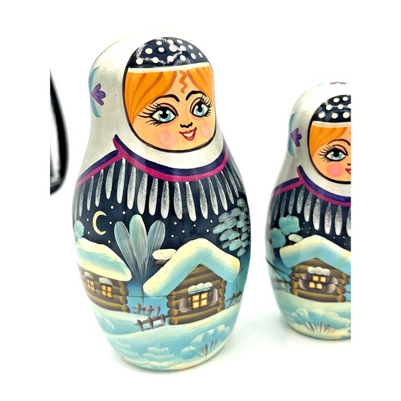 Matryoshka Russian Winter Village Nesting Dolls 9 Piece Vintage Wood Handpainted - Picture 2 of 16